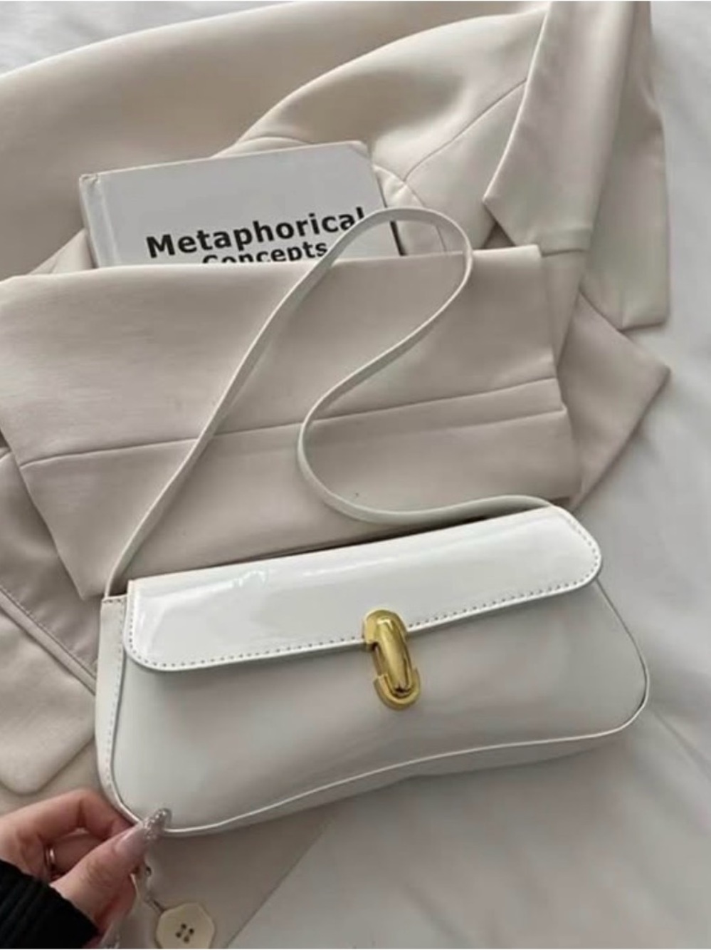 Minimal White Patent Crossbody with Gold Hardware